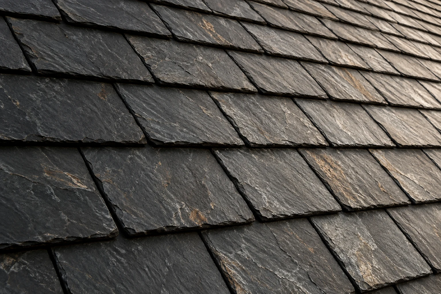 Close-up of the texture and overlapping edges of charcoal slate roof tiles